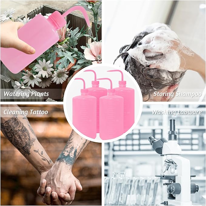 4 Packs Tattoo Wash Bottle Water Squirt Squeeze Diffuser Bottles (Pink, 1000ml)