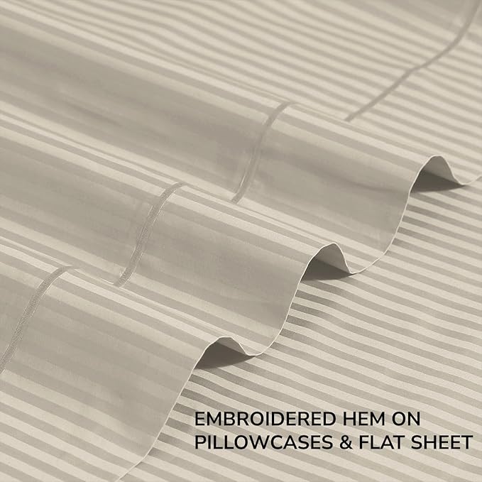 Feather & Stitch 500 TC King Size Damask Bed Sheet Set, 100% Cotton Soft Breathable Bedsheets, 4 Piece 18" Deep Pockets Sateen Weave Striped Bedding Mattress Resort Hotel Luxury- (Beige Stripe)