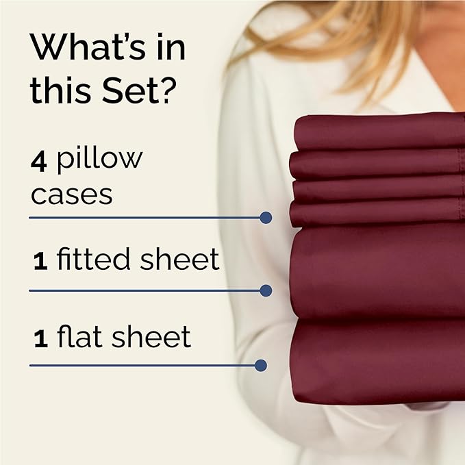 Full 6 Piece Sheet Set - Comfy, Breathable & Cooling - Hotel Luxury Bedding for Women, Men, Kids, Teens and Children - 1 Flat & 1 Fitted Sheet & 4 Pillowcases w/ Deep Pockets - Wrinkle Free - Burgundy