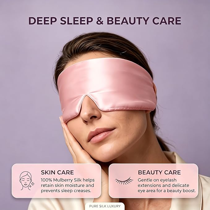 Silk Sleep Mask for Side Sleepers, Eye Mask for Sleeping Women Men, Face-Hugging Padded Eye Cover, 100% 22 Momme Pure Mulberry Silk, Soft Light Blocking Mask for Travel, Naps & Shift Workers (Pink)