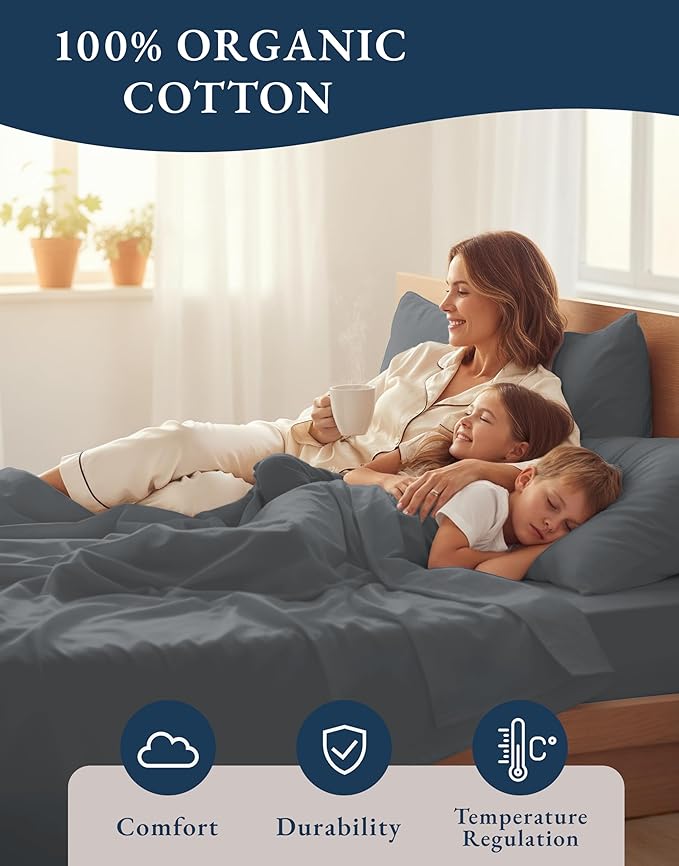 LANE LINEN 100% Organic Cotton Full Size Sheets, Hotel Like Crisp Percale Low Pill Fade Resistant Reinforsed Seam Cotton Sheets, Naturally Cooling 15" Deep Pocket Full Bedding Set- Charcoal