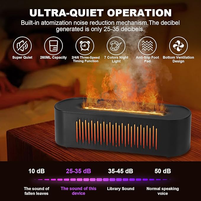 Volcano Humidifier Flame Fire Diffuser: 260ml Super Quiet Essential Oil Diffuser with 7 Colors Flame Light Spray Scent Humidifier with Waterless Auto Shut-Off Protection for Yoga Gym (Black)