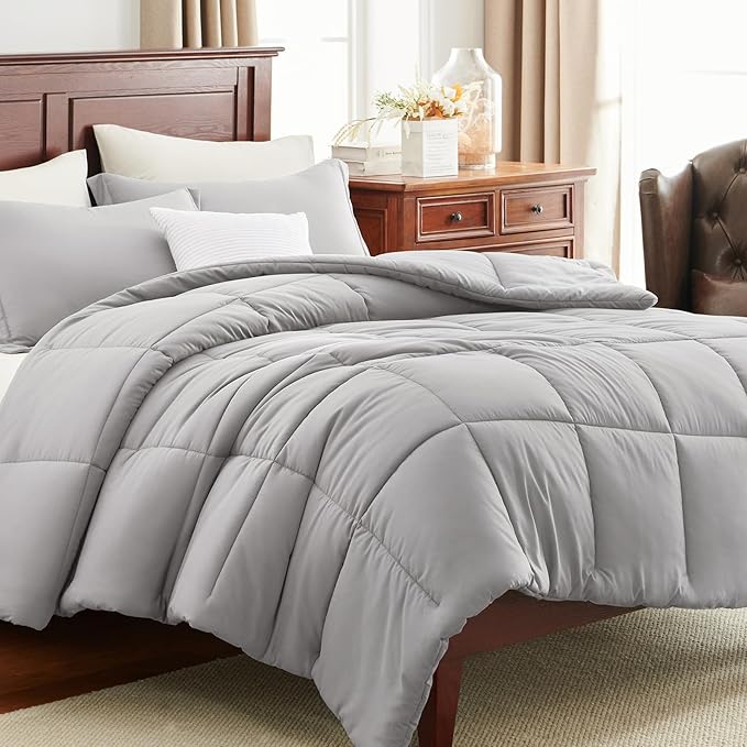 CozyLux King Size Comforter Set - French Grey Comforter King, 3 Pieces Box Stitched Bed Set for All Seasons, Soft Lightweight Bedding Sets with 1 Down Alternative Comforter and 2 Pillow Shams