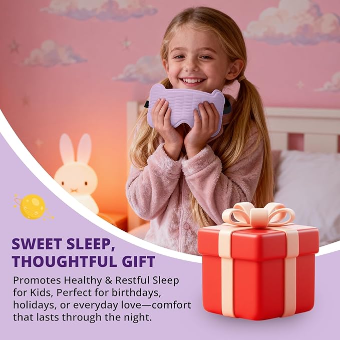 Kids Sleep Mask, 3D Sleeping Eye Mask for Kids with Adjustable Elastic Strap, Bear Shape Eye Cover with Memory Foam, Soft & Light-Blocking, Gift for Boys Girls Teens Age 5–15 (Purple)