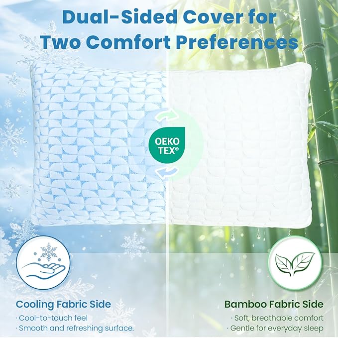 QUTOOL Firm Pillow Shredded Memory Foam, Cooling Pillow for Hot Sleeper, Adjustable Bed Pillow for Side Back Stomach Sleepers, Washable Cover, CertiPUR-US Certified, King Size