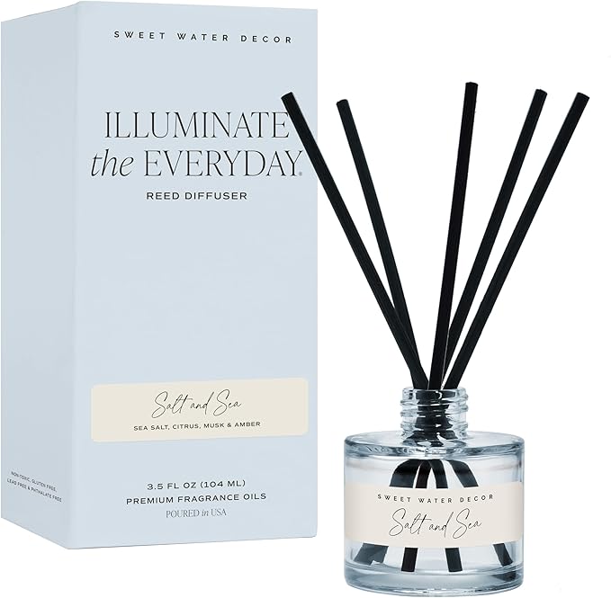 Sweet Water Decor Salt and Sea Reed Diffuser Set, Blue Tinted Glass Jar, Sea Salt Citrus and Musk Amber Scent, Long Lasting Fragrance, Non Toxic Oil Reed Diffuser for Home & Office, Poured in the USA