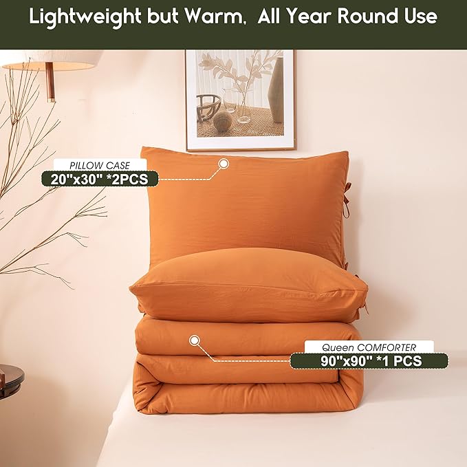 Burnt Orange Queen Size Comforter Set, Rust Comfy Fluffy Ultra Soft Polyester Cotton Blend, 3 Pieces Solid Terracotta Bedding Down Quilted Blanket Comforter & Pillowcase for All Season Use