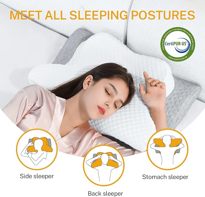 Contour Memory Foam Pillow, Cervical Pillow for Neck Pain Relief, Ergonomic Pillow for Sleeping, Orthopedic Neck Pillow with Washable Cover, Bed Pillows for Side, Back, Stomach Sleepers