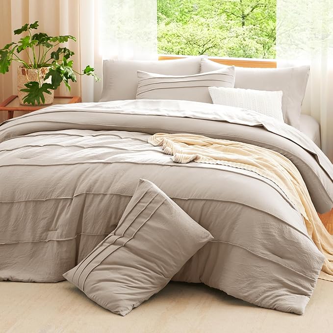 CozyLux King Size Comforter Set Wheat, 7 Pieces Soft Pinch Pleat Bed in a Bag King Comforter Set with Sheets, Boho Bed Set with Down Alternative Comforter, Sheets, Pillowcases & Shams