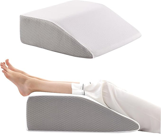 Bedluxe Leg Pillow Elevation Blood Circulation, Wedge Pillow for Legs Swelling, Leg Elevating Wedge Pillow for After Surgery, Foot Knee Pillow for Leg Rest, Sleeping, Memory Foam Top, 8in, White/Grey