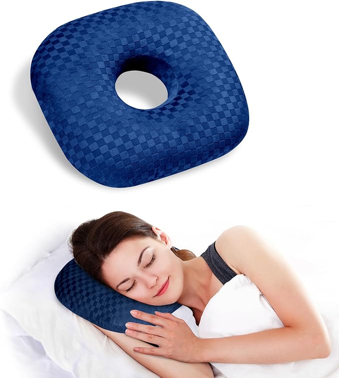 Ear Piercing Pillow for Side Sleepers - Ear Hole Pillows for Ear Pain Inflammation, CNH & Pain Relief, O-Shaped Orthopedic Pillow for Pressure Sores, Soft Cotton (Blue)
