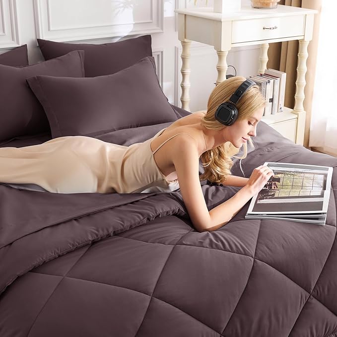 CozyLux Oversized Queen Comforter Set Cocoa Powder - 7 Pieces Bed in a Bag Comforter Set with Sheets, Luxury Soft Bed Set, Bedding Set with Down Alternative Comforter, Sheets, Pillowcases & Shams