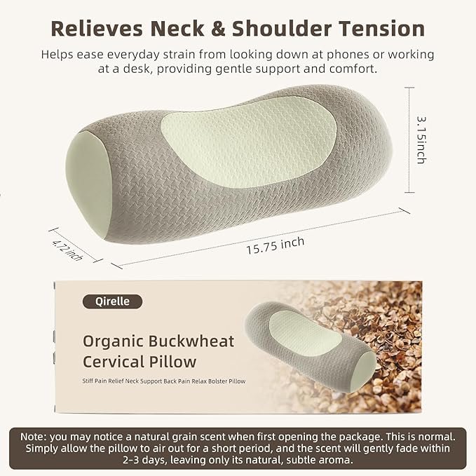 Organic Buckwheat Cervical Neck Pillow, Adjustable Neck Roll for Sleeping, Ergonomic Neck Support Bolster for Side & Back Sleepers, Firm Support Pillow for Neck Pain Relief & Spine Alignment