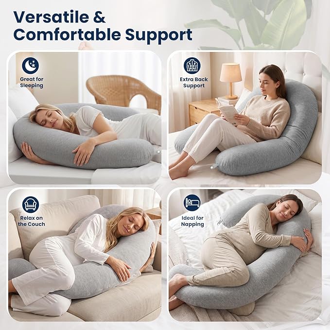 TranquilRelax C Shaped Body Pillow for Side Sleepers, Memory Foam Long Pillow for Leg, Hip & Back Support, Soft Washable Cover,Grey-35"*10"