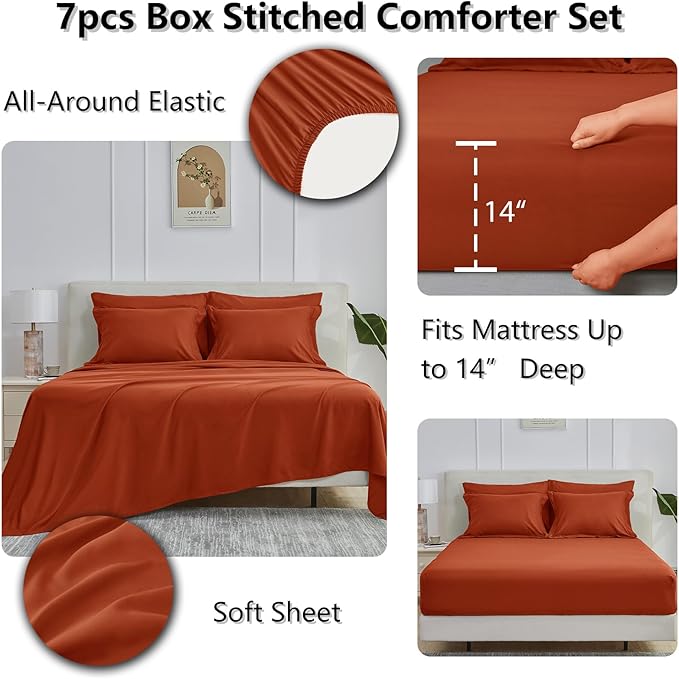 CozyLux King Size Comforter Set Terracotta - 7 Pieces Bed in a Bag King, Okeo-Tex Certifited Bedding Set, All Season Soft Bed Set with Down Alternative Comforter, Sheets, Pillowcases & Pillow Shams