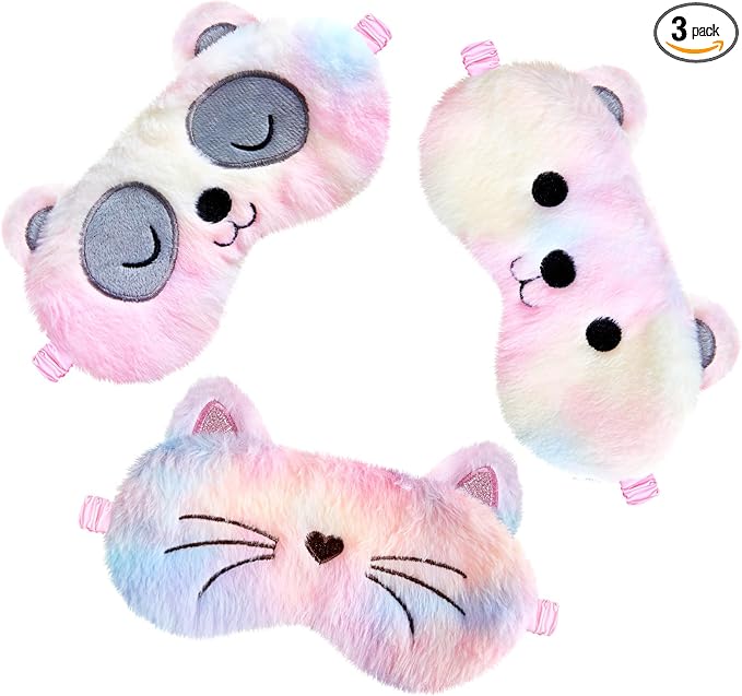 Geyoga 3 Pcs Sleep Mask for Kids, Girls Plush Sleeping Eye Cover Soft Eye Blindfold Cover Animal Shade for Kids(Colorful,Cat, Bear, Panda Style)
