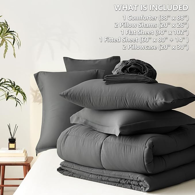CozyLux Queen Comforter Set Dark Grey - 7 Pieces Bed in a Bag Queen, All Season Breathable Bedding Sets, Oeko-Tex Certified Bed Set with Down Alternative Comforter, Sheets, Pillowcases & Pillow Shams