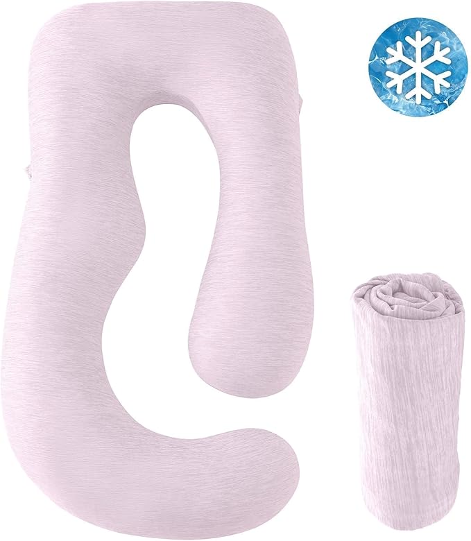 Sasttie Cooling Pregnancy Pillow Cover, 57-inch U Shaped Pregnancy Pillow Case, Fits 55 to 57 Inch Maternity Pillow, Pink (No Pillow Insert)