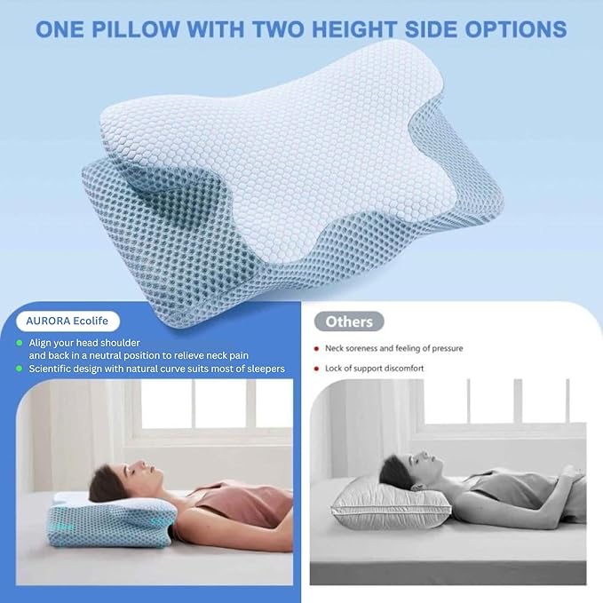 Cervical Memory Foam Pillow, Contour Pillows for Neck & Shoulder Pain, Ergonomic Orthopedic Sleeping Neck Contoured Support Pillow for Comfortable Side & Back Sleepers (Blue with White)