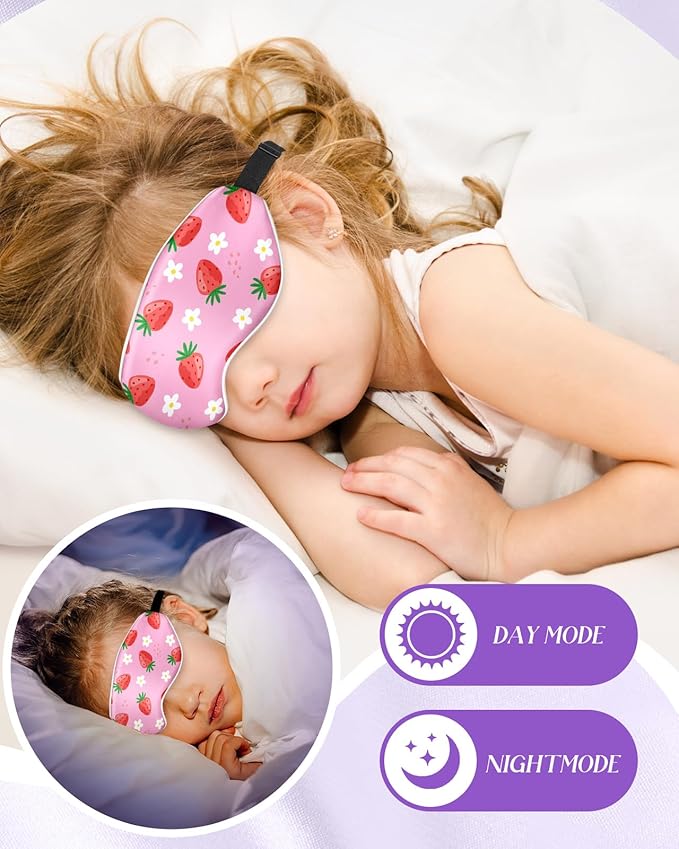 Miss Adola Sleep Mask for Kids - Silk Eye Mask for Sleeping Cute Cartoon Kids Sleep Mask for Boys Girls Teens Soft Smooth Adjustable Straps Silk Kids Eye Cover, Strawberry