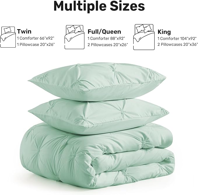 UNIKOME Queen Comforter Set Sage Green - Ultra Soft Boho Pintuck Down Alternative Bedding Set for All Seasons, 3 Pieces Lightweight Warm Pinch Pleat Bed Set with Comforter, 2 Pillowcases