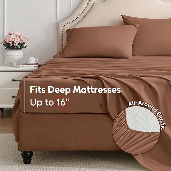 King Size Sheets Set, 4 Pieces Hotel Luxury Soft Microfiber Bed Sheets Set, Up to 16" Deep Pockets, Oeko-Tex Sheets with Elastic, Breathable, Wrinkle Free (Brown,King)