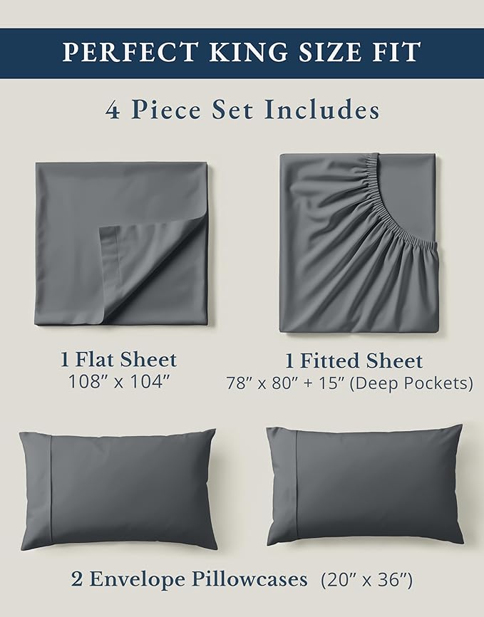 LANE LINEN 100% Organic Cotton Sheets King Size Machine Washable Fully Elasticized Soft & Comfy Mercerized Sustainably Produced All Season Eco Friendly Cotton Sheets sábanas King- Charcoal