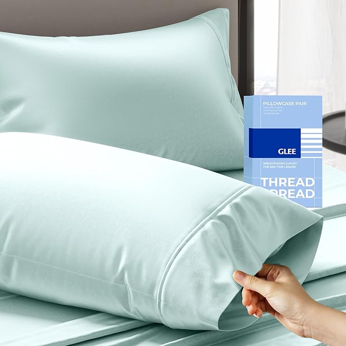 THREAD SPREAD 100% Cotton King Size Pillow Cases Set of 2 - Luxury 400 Series Glee Collection Pillow Cases King Size (Sea Foam)Soft Cooling Breathable & Durable Sateen Hotel Quality Cotton Pillowcases
