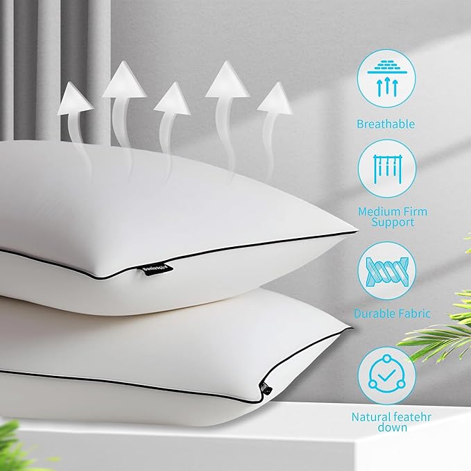 Feather Down Pillow Standard Size Set of 2 Pack,100% Cotton Luxury Hotel Collection Bed Pillows for Sleeping, Fluffy Soft Medium Firm Down Surround Pillows for Side Back Stomach Sleepers 20" x 26"