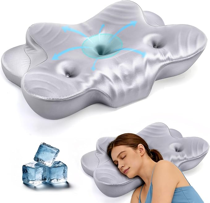 Dual Ear Relief Zone Contour Pillow, Ice Silk Satin Cervical Memory Foam Pillow for Sleeping, Ergonomic Neck Support for Side, Back & Stomach Sleepers