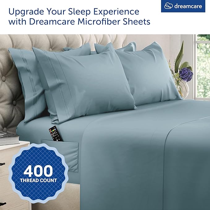 DREAMCARE King Size Sheets Set - 6 pcs Breathable Cooling Bed Sheets - up to 21" Extra Deep Pocket King Sheet Set with Side Pockets - Extra Soft 100% Brushed Hypoallergenic Hotel Luxury Bedding M-Blue