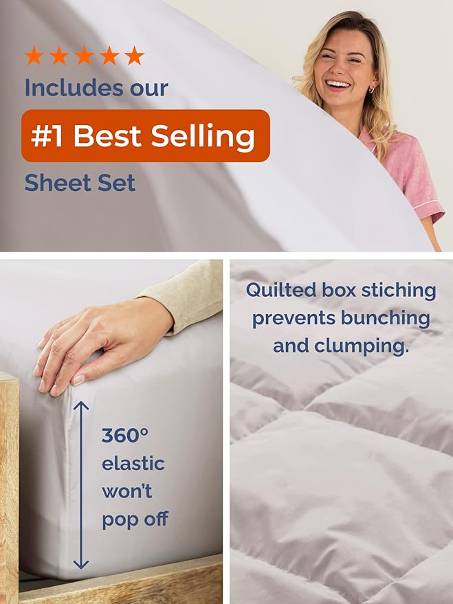 Queen Comforter Set - 3 Piece Bed Set for All Seasons - 1 Soft Quilted Comforter w/ Corner Tabs & 2 Pillow Shams - Comfy & Breathable - Premium Down Duvet Insert - Oeko-TEX - Queen Size, Light Grey