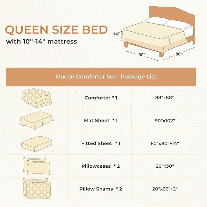 Sasttie Queen Comforter Set, 7-Piece Bed in a Bag, Pintuck Bedding Sets for All Season, Includes Comforter, Flat Sheet,Fitted Sheet, Pillowcases and Pillowshams, Light Grey