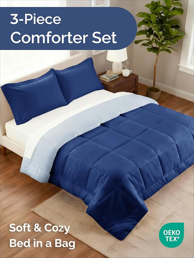King Comforter Set - 3 Piece Bed Set for All Seasons - 1 Soft Quilted Comforter w/ Corner Tabs & 2 Pillow Shams - Comfy, Cozy & Breathable - Premium Down Duvet Insert - King Size, Navy Blue/Sky Blue