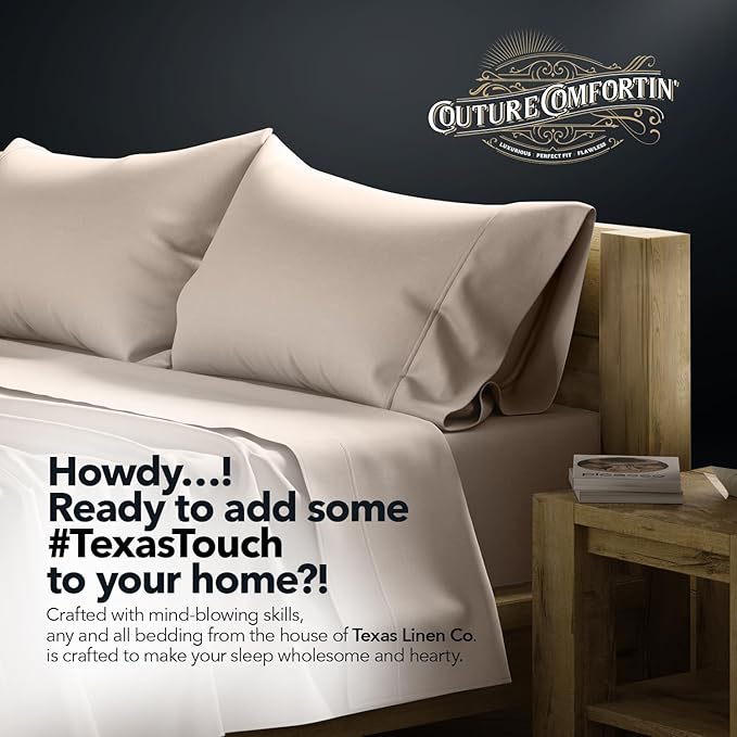 TEXAS LINEN CO. 100% Egyptian Cotton Queen Sheets Set - Luxury 1500 Series Couture Comfortin' Collection Egyptian Cotton Sheets Queen Size Bed Set (4 PC, Taupe), 17" Deep Pocket, Hotel Bedding Set