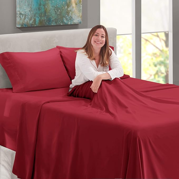 Nestl Twin XL Size Sheet Set, 4 Piece Extra Deep Pocket (18-24 inches), Microfiber, Hotel Luxury, Soft, Breathable, Wrinkle-Free, Easy to Care, Burgundy Red