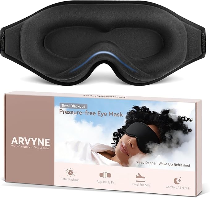 Sleep Mask for Side Sleepers, 100% Blackout Eye Mask for Sleeping with 3D Deep Contoured Cups, Zero Pressure Lash-Friendly, Adjustable Light Blocking Travel Mask for Men & Women, Black