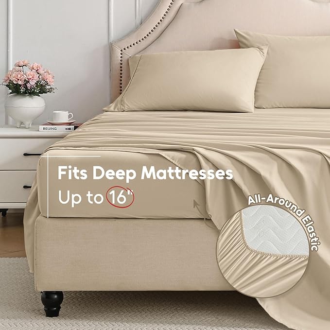 Queen Sheet Set, 4 Pieces Hotel Luxury Soft Microfiber Queen Bed Sheets Set, Up to 16" Deep Pockets, Oeko-Tex Sheets with Elastic, Breathable, Wrinkle Free (Beige, Queen)