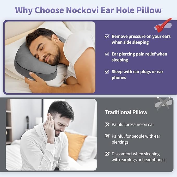 Curved Ear Piercing Pillow - Orthopedic Donut Design with 3.5" Ear Hole Relief, Gray Velvet Side Sleeper Support for Healing Piercings
