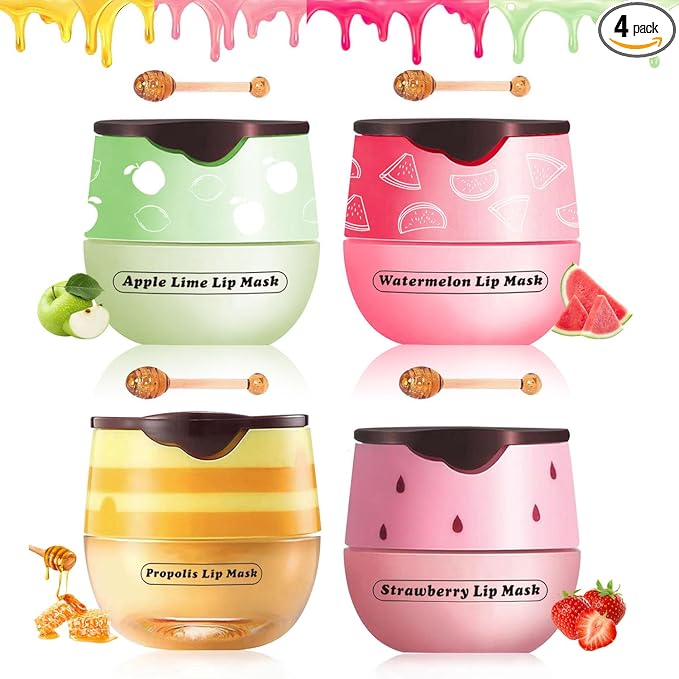 4 PCS Bee Lip Balm Honey Pot, Honey Strawberry Watermelon Apple Sleeping Lip Mask Overnight with Sticks, Exfoliating Prevention Dry and Crack Lip Scrubs