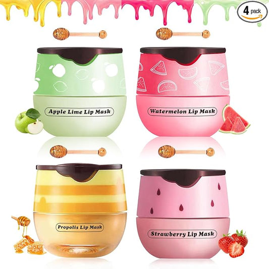 4 PCS Bee Lip Balm Honey Pot, Honey Strawberry Watermelon Apple Sleeping Lip Mask Overnight with Sticks, Exfoliating Prevention Dry and Crack Lip Scrubs