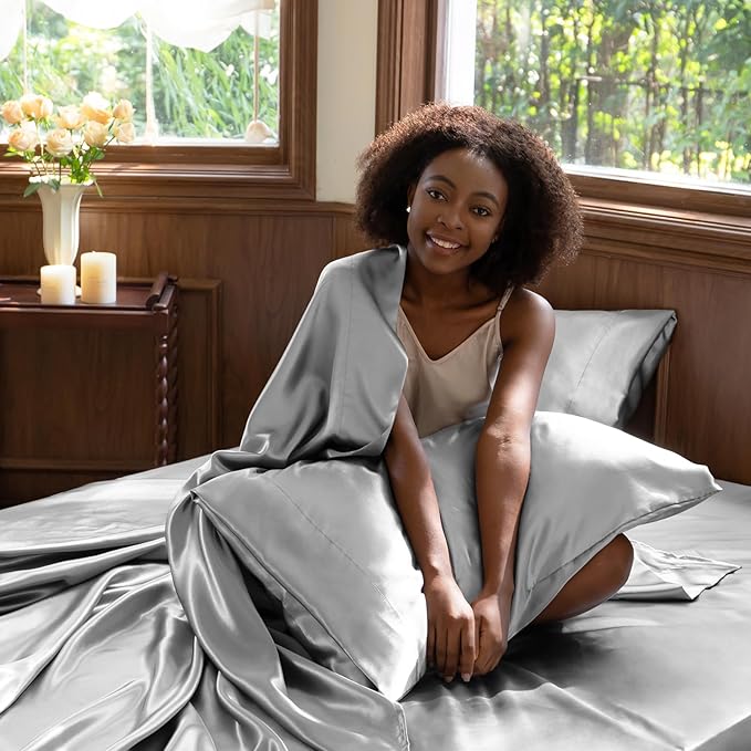 CozyLux Satin Sheets Twin Sheet Set - 3 Piece Silky Twin Bed Sheets, Luxury Light Grey Sheet Twin Size Bed Set with Smooth and Soft Microfiber, Includes 1 Fitted Sheet, 1 Flat Sheet and 1 Pillowcase