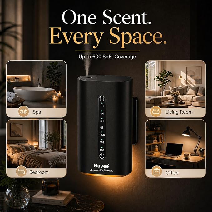 Wall Plug-in Waterless Essential Oil Diffuser, Smart Cold Air Scent Diffuser for Home, App-Controlled, 600 Sq Ft Coverage, Odor Eliminator, Includes 50ml My Way Aromatherapy Oil (Black)
