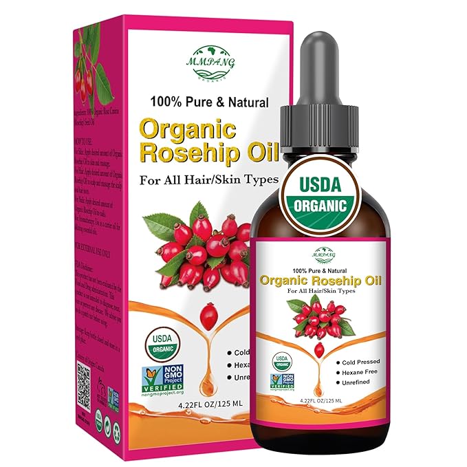 100% Pure Natural Rosehip Oil for Face, USDA Certified Organic, Cold Pressed, Extra Virgin, Hexane Free Rosehip Seed Oil for Anti-Aging, Acne Scar Treatment, Skin & Hair Care (4.22 oz/125 ml)