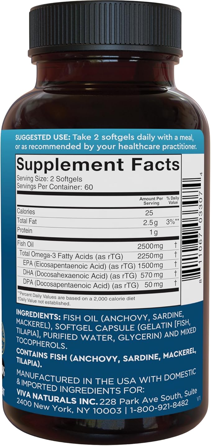 Viva Naturals Omega 3 Fish Oil Supplement for Women and Men - 2500 mg Triple Strength Fish Oil per Serving with Omega 3 Fatty Acids Including EPA, DHA DPA - 120 Pescatarian-Friendly Softgels