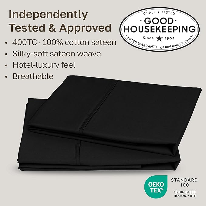 California Design Den Standard Queen Size Pillowcase Set - 400 Thread Count, 100% Cotton Sateen, Set of 2 Pillow Covers, Soft and Breathable - Black