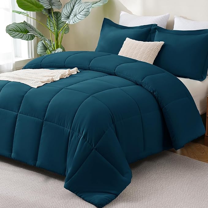 CozyLux Queen Comforter Set Lyons Blue - 3 Pieces Box Stitched Comforters Queen Size, Soft Bed Set for All Seasons, Lightweight Bedding Sets with 1 Down Alternative Comforter and 2 Pillow Shams