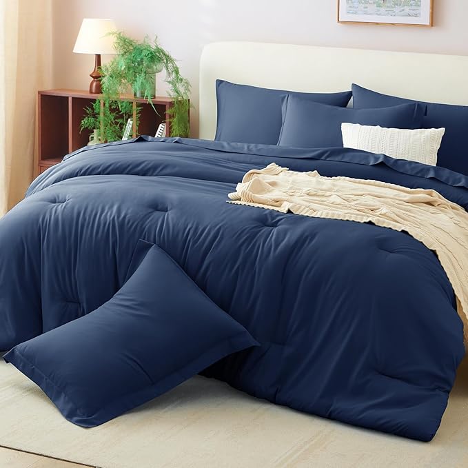 CozyLux Oversized King Comforter Set Navy Blue, 7 Pieces Bed in a Bag Comforter Set with Sheets, Soft Bedding Sets with Down Alternative Comforter, Fitted Sheet, Flat Sheet, Pillowcases and Shams