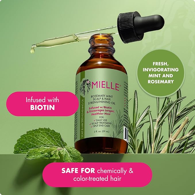 Mielle Organics Rosemary & Mint Hair Oil - Strengthening Biotin Oil Infused Frizzy & Damaged Hair Care - Split Ends & Dry Scalp Treatment to Support Longer, Healthier Strands, 2 Ounce
