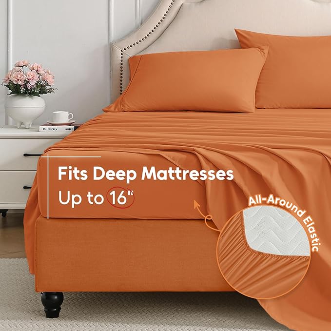 Queen Sheet Set, 4 Pieces Hotel Luxury Soft Microfiber Queen Bed Sheets Set, Up to 16" Deep Pockets, Oeko-Tex Sheets with Elastic, Breathable, Wrinkle Free (Pumpkin Orange, Queen)